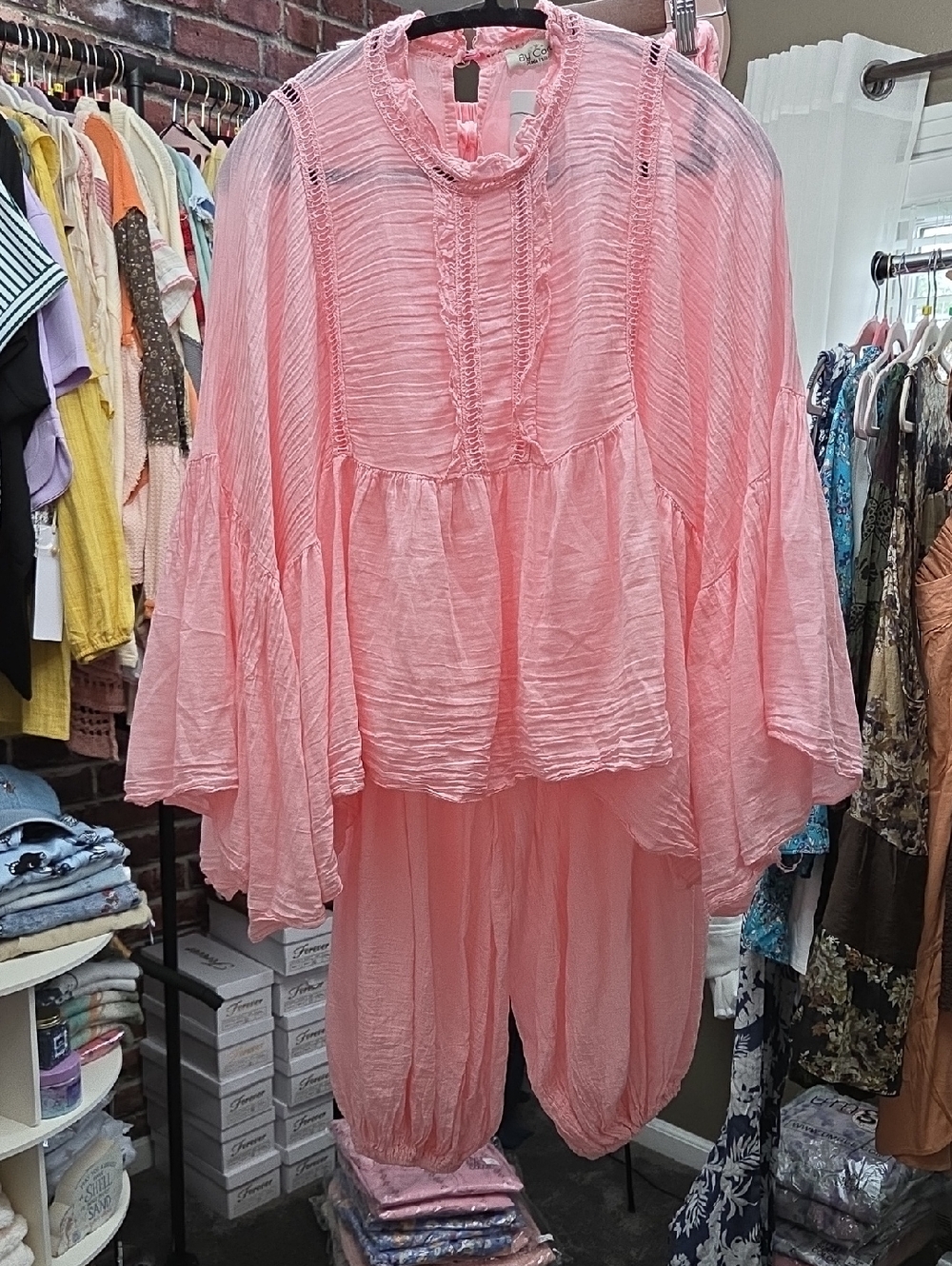 Sheer Pink Two-Piece Set - Flowing Blouse & Pants Made In ITALY